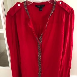 Ming Red with print pattern along collar and front. Long Sleeve Shirt. Size S